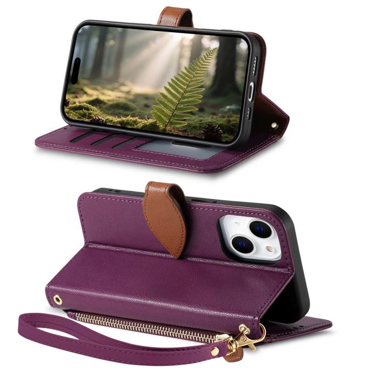 For iPhone 15 Leaf Buckle Zipper Wallet Leather Phone Case with Strap