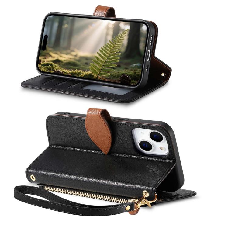 For iPhone 15 Leaf Buckle Zipper Wallet Leather Phone Case with Strap