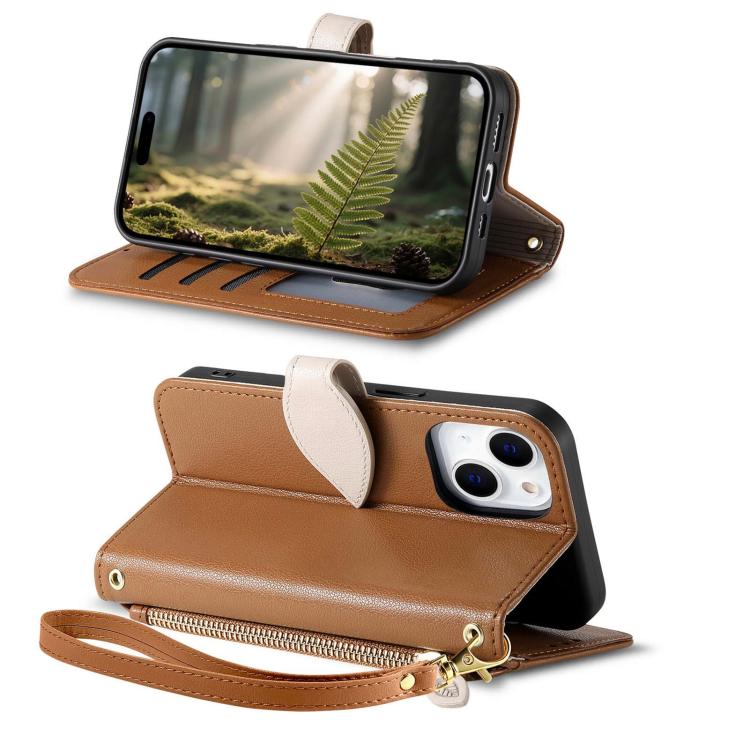 For iPhone 15 Plus Leaf Buckle Zipper Wallet Leather Phone Case with Strap