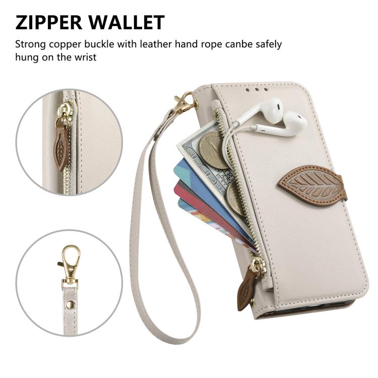 For iPhone 15 Pro Leaf Buckle Zipper Wallet Leather Phone Case with Strap