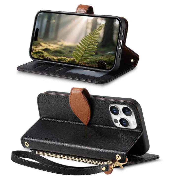 For iPhone 15 Pro Leaf Buckle Zipper Wallet Leather Phone Case with Strap