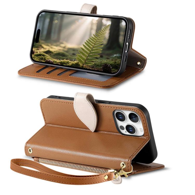 For iPhone 15 Pro Max Leaf Buckle Zipper Wallet Leather Phone Case with Strap