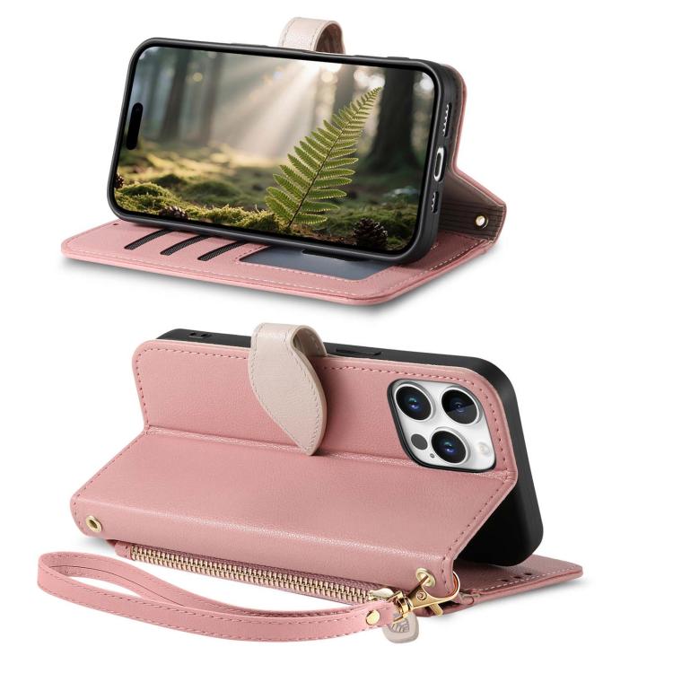 For iPhone 15 Pro Max Leaf Buckle Zipper Wallet Leather Phone Case with Strap