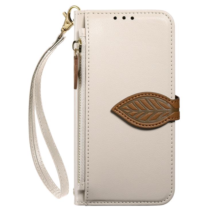 For iPhone 15 Pro Max Leaf Buckle Zipper Wallet Leather Phone Case with Strap