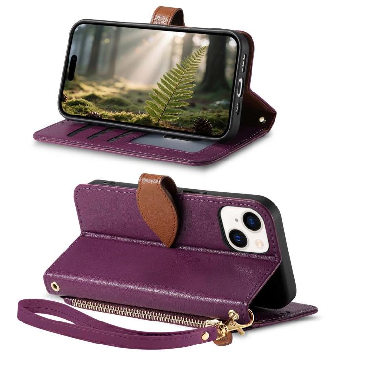 For iPhone 14 Leaf Buckle Zipper Wallet Leather Phone Case with Strap