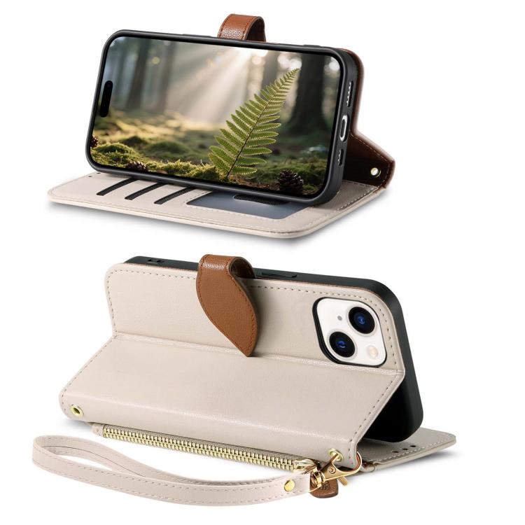For iPhone 14 Leaf Buckle Zipper Wallet Leather Phone Case with Strap