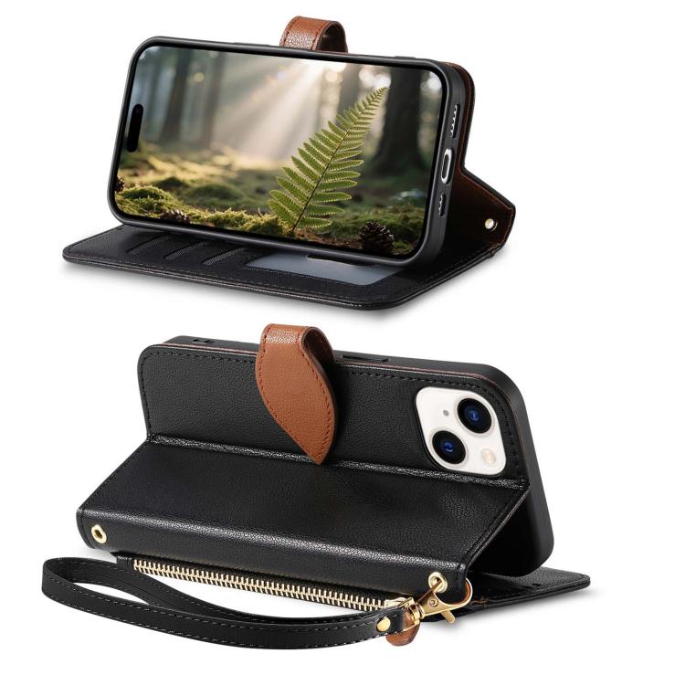 For iPhone 14 Leaf Buckle Zipper Wallet Leather Phone Case with Strap