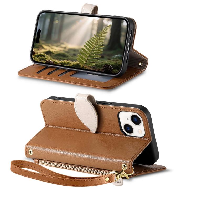 For iPhone 14 Plus Leaf Buckle Zipper Wallet Leather Phone Case with Strap