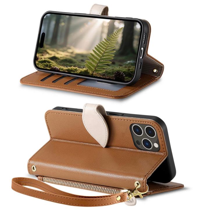 For iPhone 14 Pro Leaf Buckle Zipper Wallet Leather Phone Case with Strap