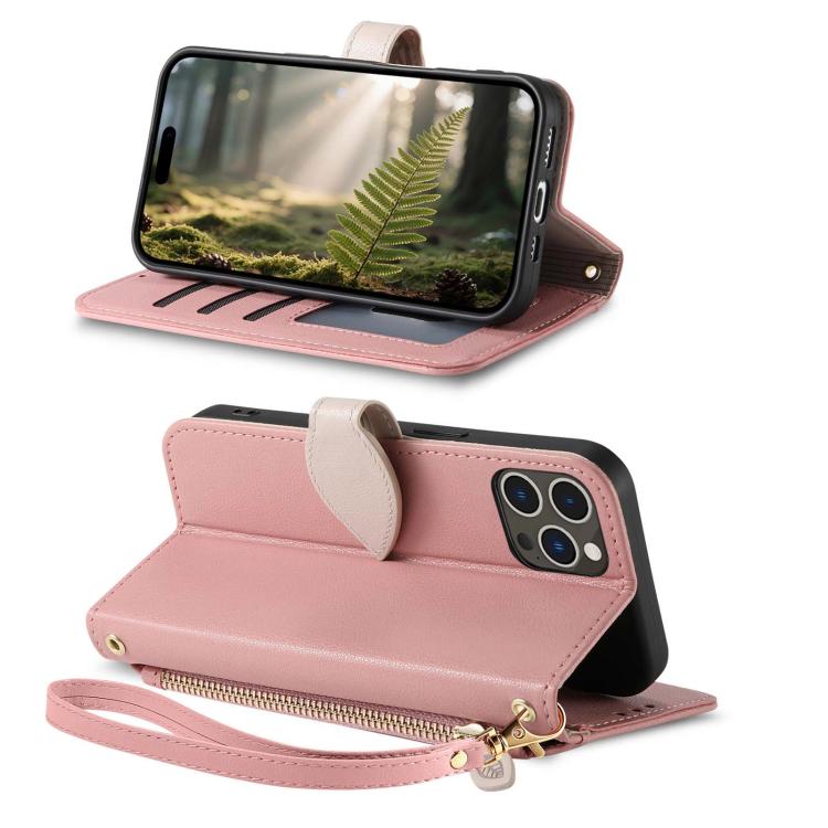For iPhone 14 Pro Leaf Buckle Zipper Wallet Leather Phone Case with Strap