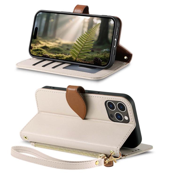 For iPhone 14 Pro Leaf Buckle Zipper Wallet Leather Phone Case with Strap