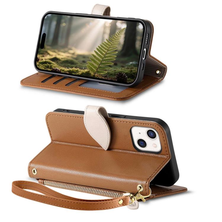 For iPhone 13 Leaf Buckle Zipper Wallet Leather Phone Case with Strap