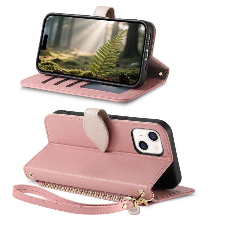 For iPhone 13 Leaf Buckle Zipper Wallet Leather Phone Case with Strap