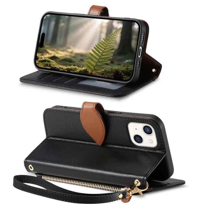 For iPhone 13 Leaf Buckle Zipper Wallet Leather Phone Case with Strap