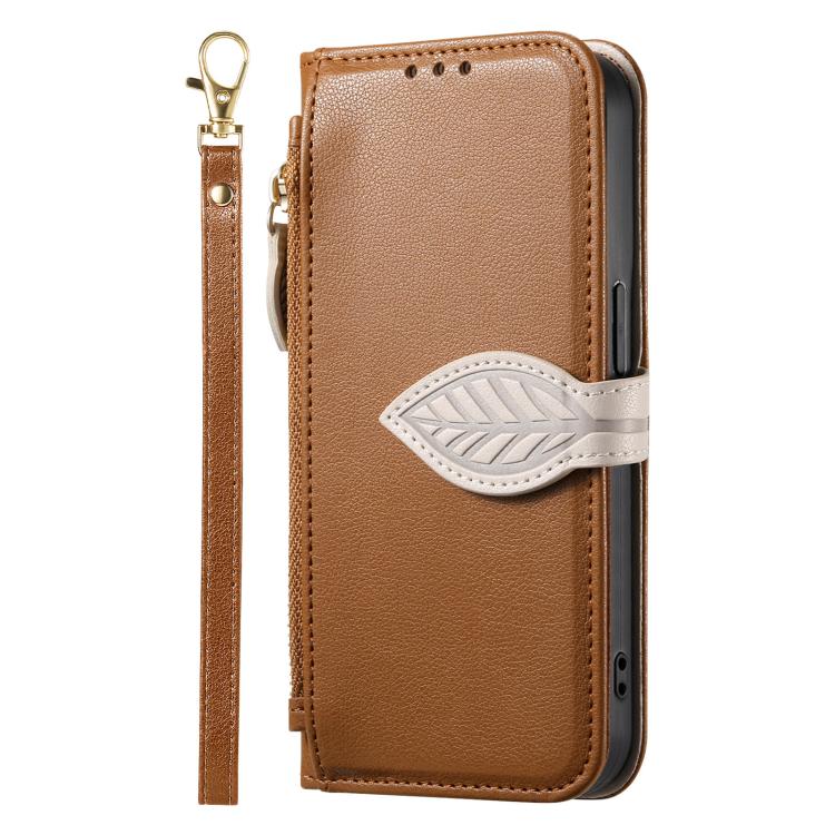 For iPhone 13 Pro Leaf Buckle Zipper Wallet Leather Phone Case with Strap