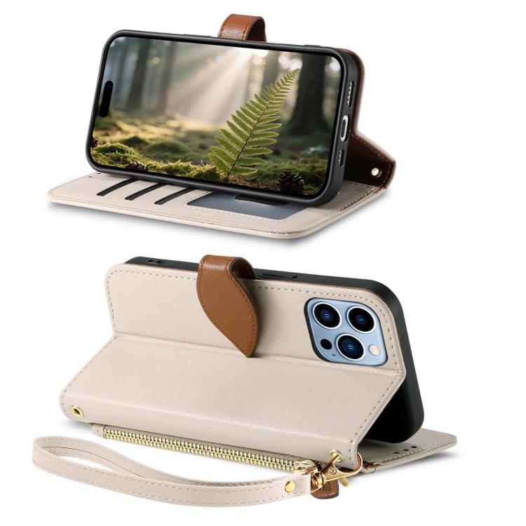 For iPhone 13 Pro Leaf Buckle Zipper Wallet Leather Phone Case with Strap