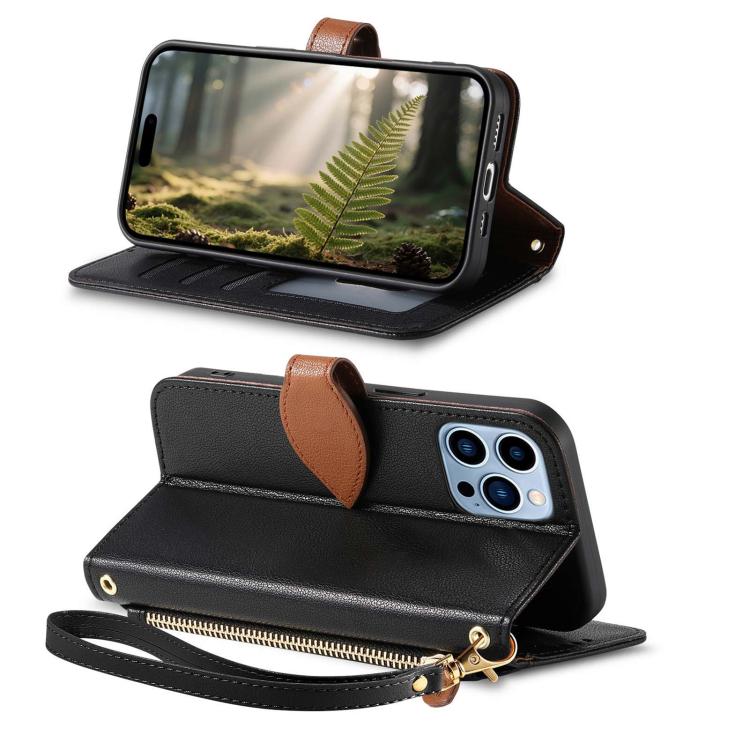For iPhone 13 Pro Leaf Buckle Zipper Wallet Leather Phone Case with Strap