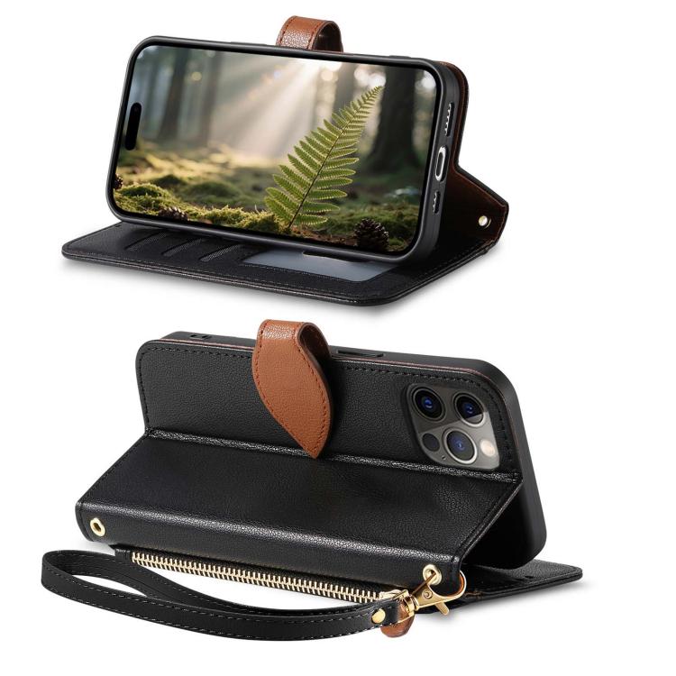 For IPhone 12 / 12 Pro Leaf Buckle Zipper Wallet Leather Phone Case with Strap