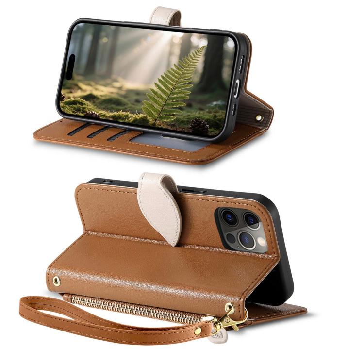 For iPhone 12 Pro Max Leaf Buckle Zipper Wallet Leather Phone Case with Strap