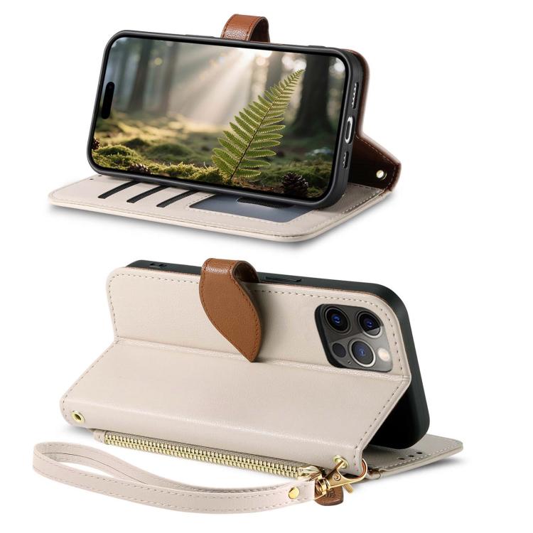For iPhone 12 Pro Max Leaf Buckle Zipper Wallet Leather Phone Case with Strap