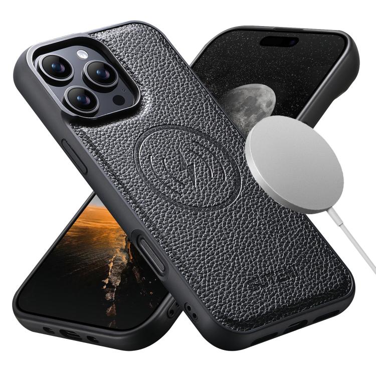 For iPhone 15 Pro Max Suteni G5 Large Litchi Texture Vegan Leather Magnetic Back Phone Case