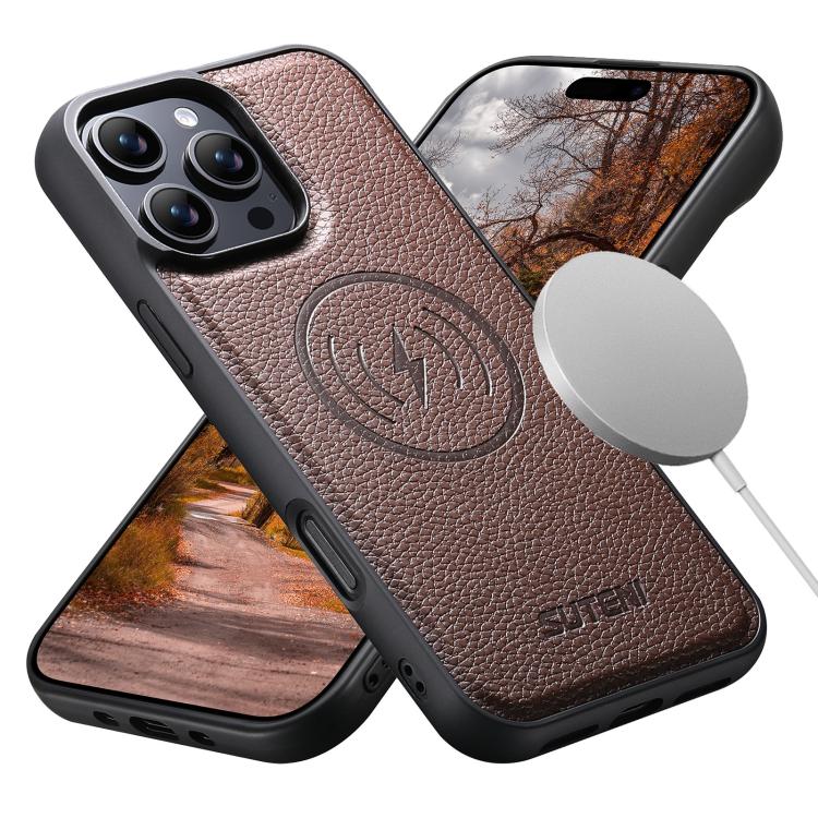 For iPhone 15 Pro Max Suteni G5 Large Litchi Texture Vegan Leather Magnetic Back Phone Case