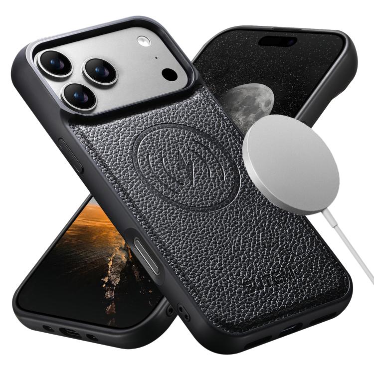 For iPhone 15 Plus Suteni G5 Large Litchi Texture Vegan Leather Magnetic Back Phone Case