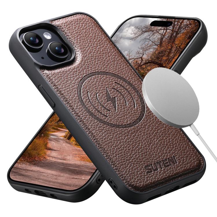For iPhone 14 Suteni G5 Large Litchi Texture Vegan Leather Magnetic Back Phone Case
