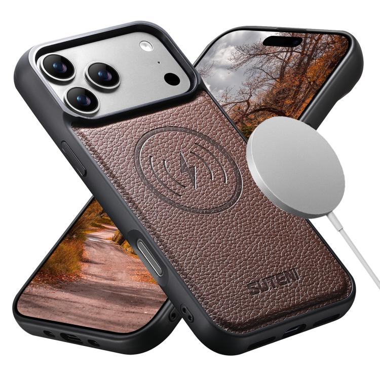 For iPhone 13 Pro Suteni G5 Large Litchi Texture Vegan Leather Magnetic Back Phone Case