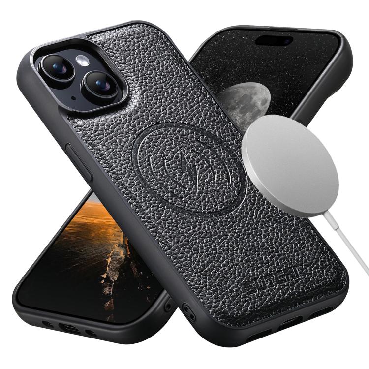 For iPhone 13 Suteni G5 Large Litchi Texture Vegan Leather Magnetic Back Phone Case