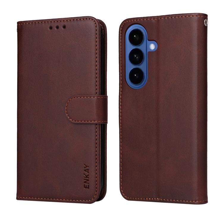 For Samsung Galaxy S26 5G ENKAY Card Wallet Calf Texture Leather Phone Case with 0.18mm High Aluminum-silicon Glass Film