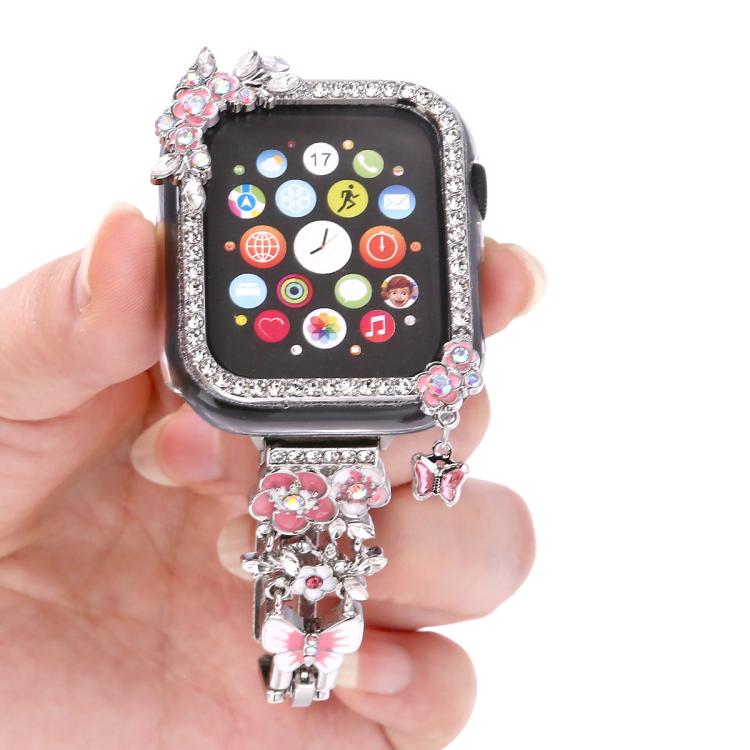 For Apple Watch Series 10 / 11 46mm Tassel Flower Single-Diamond Hollow Watch Shell Band Kit