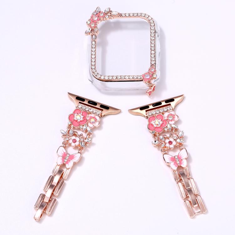 For Apple Watch Series 10 / 11 42mm Tassel Flower Single-Diamond Hollow Watch Shell Band Kit