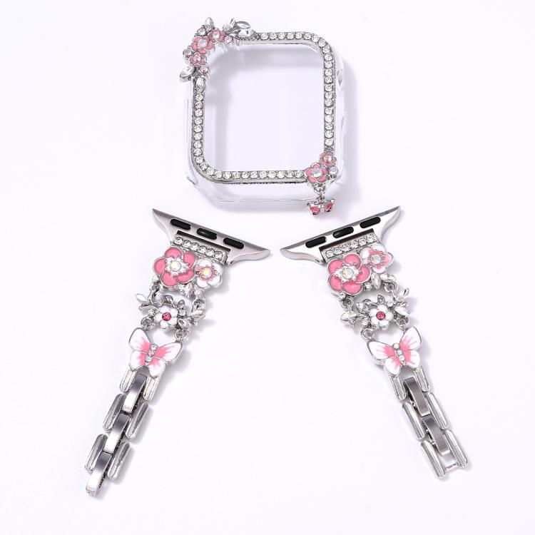 For Apple Watch Series 9 / 8 / 7 44mm Tassel Flower Single-Diamond Hollow Watch Shell Band Kit