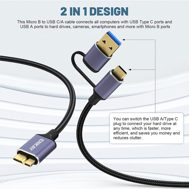 ENKAY 2 in 1 USB 3.0 / Type-C to USB 3.0 Micro-B 5Gbps Data Camera Hard Drive Cable, Length:1m