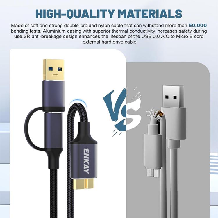 ENKAY 2 in 1 USB 3.0 / Type-C to USB 3.0 Micro-B 5Gbps Data Camera Hard Drive Cable, Length:1m