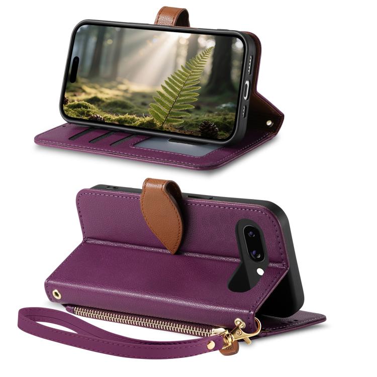For Google Pixel 9a Leaf Buckle Zipper Wallet Leather Phone Case with Strap
