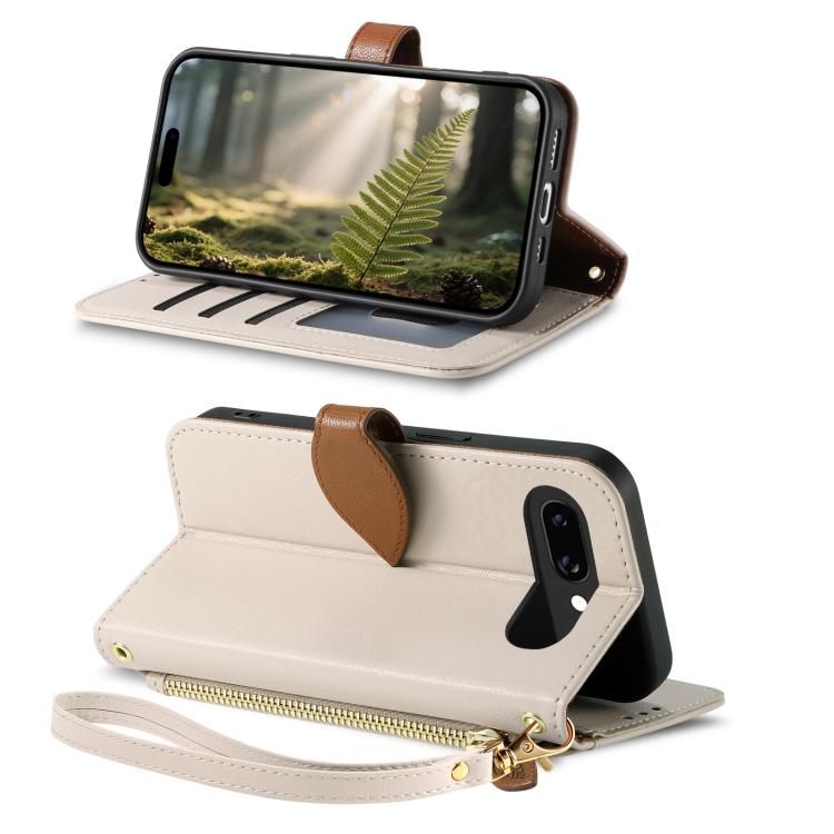 For Google Pixel 9a Leaf Buckle Zipper Wallet Leather Phone Case with Strap