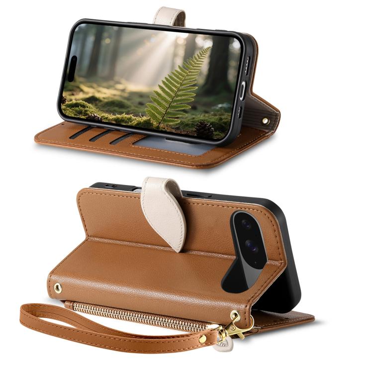 For Google Pixel 9 / 9 Pro Leaf Buckle Zipper Wallet Leather Phone Case with Strap
