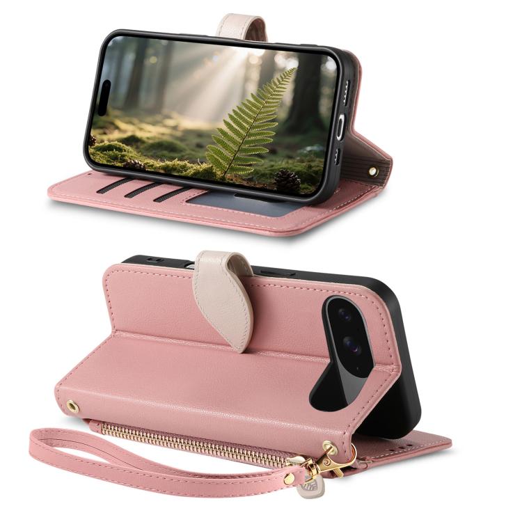 For Google Pixel 9 / 9 Pro Leaf Buckle Zipper Wallet Leather Phone Case with Strap