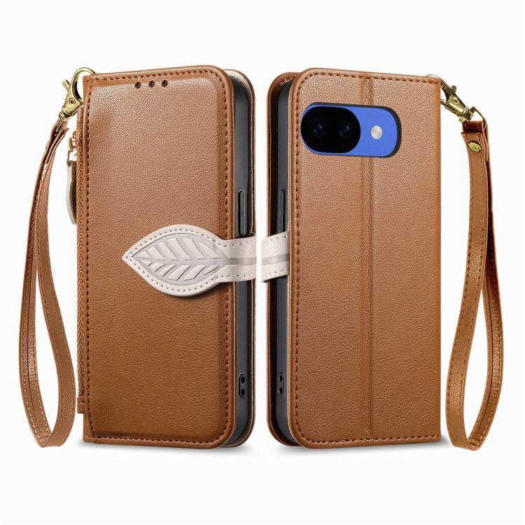 For Google Pixel 10a Leaf Buckle Zipper Wallet Leather Phone Case with Strap