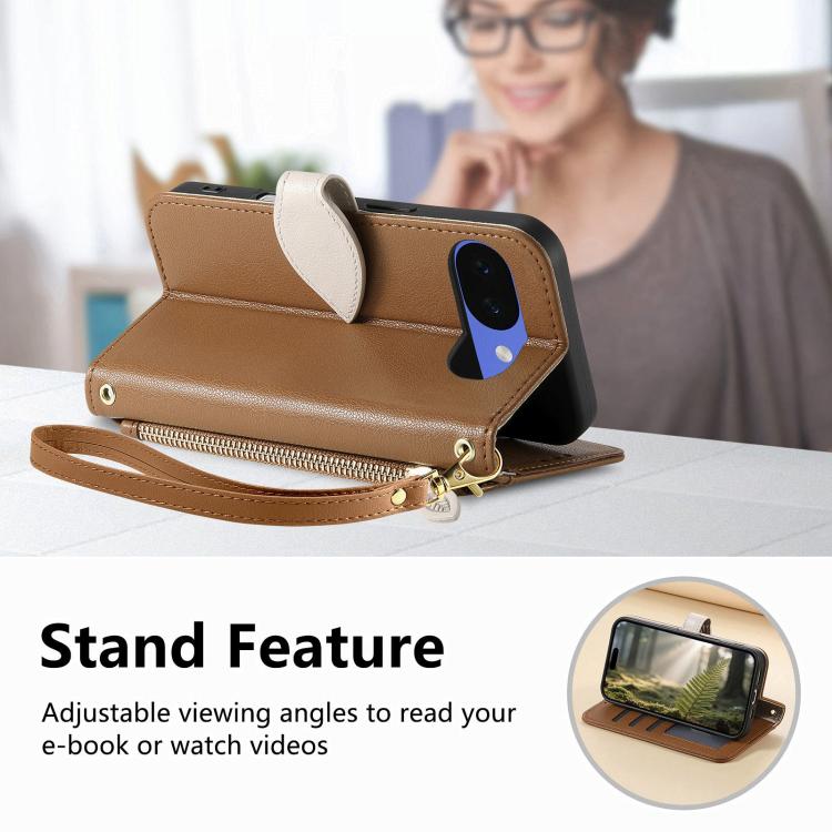 For Google Pixel 10a Leaf Buckle Zipper Wallet Leather Phone Case with Strap