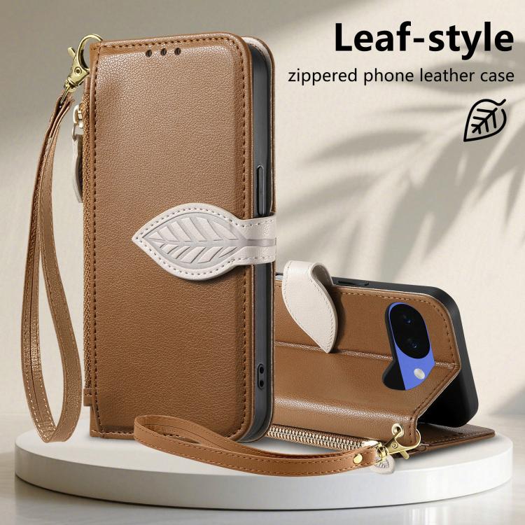For Google Pixel 10a Leaf Buckle Zipper Wallet Leather Phone Case with Strap