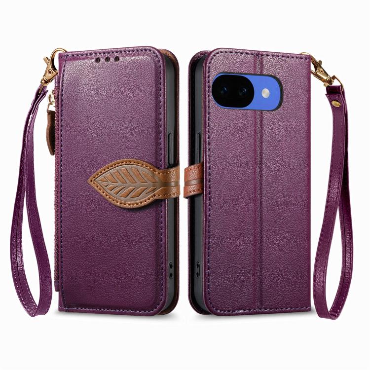 For Google Pixel 10a Leaf Buckle Zipper Wallet Leather Phone Case with Strap