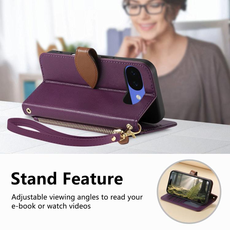 For Google Pixel 10a Leaf Buckle Zipper Wallet Leather Phone Case with Strap