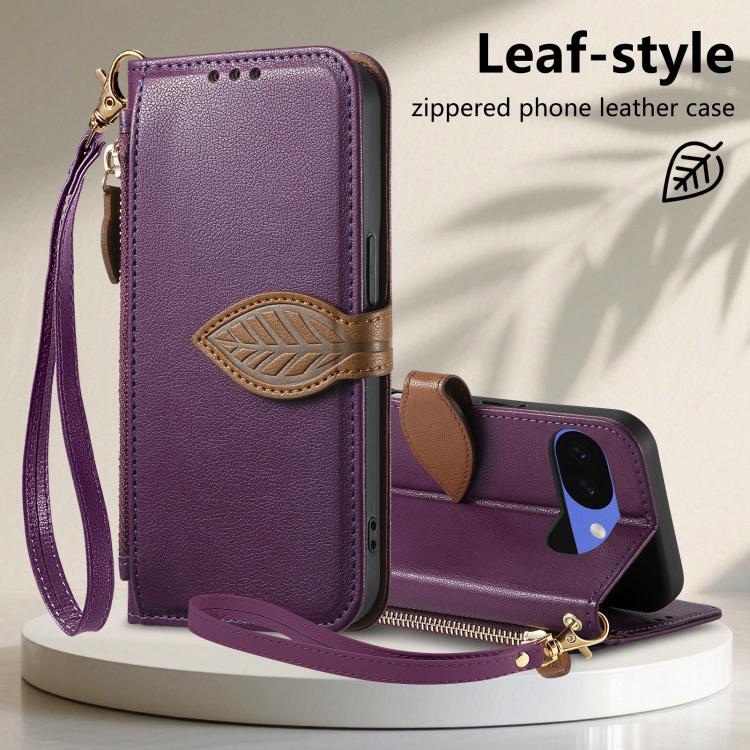 For Google Pixel 10a Leaf Buckle Zipper Wallet Leather Phone Case with Strap