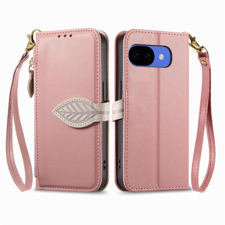 For Google Pixel 10a Leaf Buckle Zipper Wallet Leather Phone Case with Strap