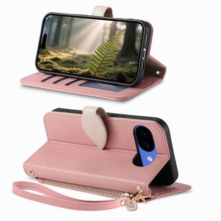 For Google Pixel 10a Leaf Buckle Zipper Wallet Leather Phone Case with Strap