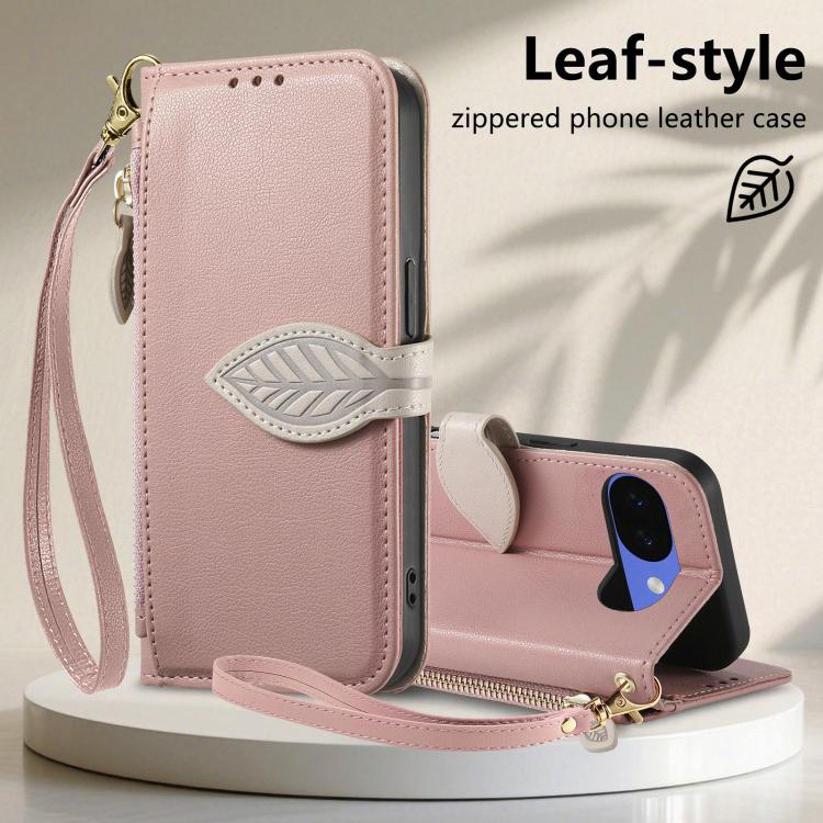 For Google Pixel 10a Leaf Buckle Zipper Wallet Leather Phone Case with Strap