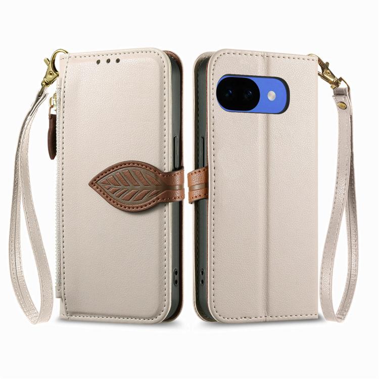 For Google Pixel 10a Leaf Buckle Zipper Wallet Leather Phone Case with Strap